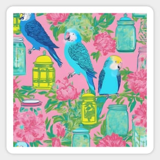 Preppy budgies and chinoiserie jars on pink Sticker